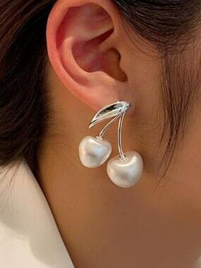 Silver Pearl Cherry Earrings Dainty Chunky Dangle Drop Trendy Luxury Set - NEW!